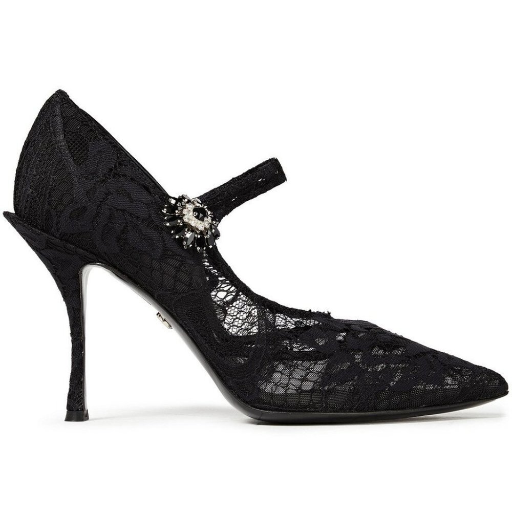 Dolce & Gabbana Black Lace Crystals Mary Jane Pumps Shoes